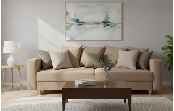 Sofa Kristi I beżowy na sprężynach z funkcją spania i pojemnikiem